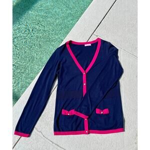 Lilly Pulitzer Silk Cotton Navy Pink Bow Cardigan Gold Buttons Size L